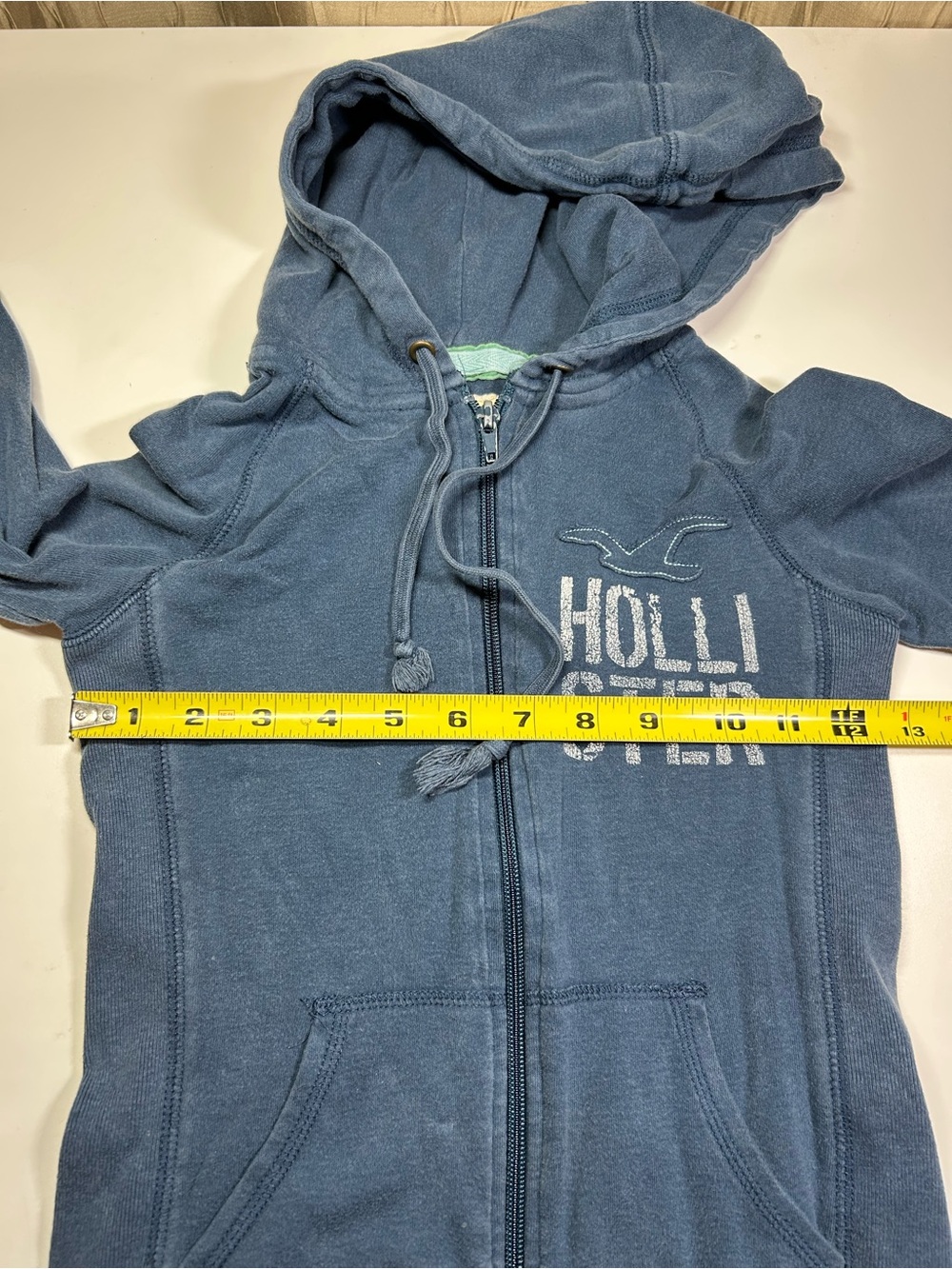 Hollister Women's XS Washed Distressed Navy Blue Full-Zip Hoodie Y2K 100% Cotton - Picture 7 of 12